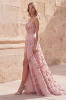 Laden Sie das Bild in den Galerie-Viewer, Rouge-Pailletten A Line Trägerloses Langballkleid mit Schlitz