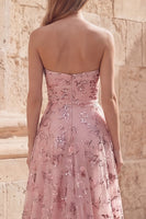 Laden Sie das Bild in den Galerie-Viewer, Rouge-Pailletten A Line Trägerloses Langballkleid mit Schlitz