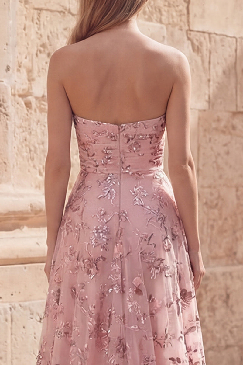 Laden Sie das Bild in den Galerie-Viewer, Rouge-Pailletten A Line Trägerloses Langballkleid mit Schlitz