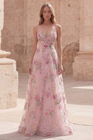 Laden Sie das Bild in den Galerie-Viewer, Glitzerndes pinkes Pailletten-Floral-A-Linie Spaghetti-Träger langes Abschlussball-Kleid