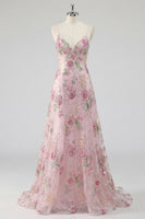 Laden Sie das Bild in den Galerie-Viewer, Glitzerndes pinkes Pailletten-Floral-A-Linie Spaghetti-Träger langes Abschlussball-Kleid