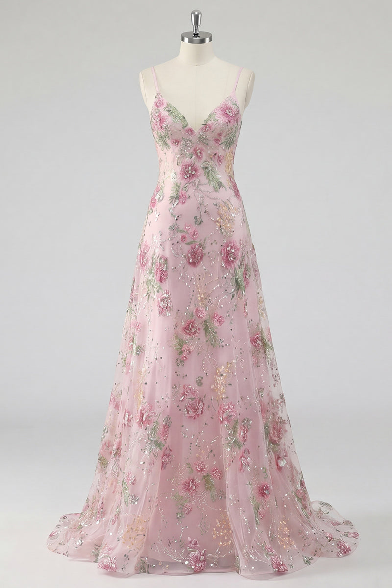 Laden Sie das Bild in den Galerie-Viewer, Glitzerndes pinkes Pailletten-Floral-A-Linie Spaghetti-Träger langes Abschlussball-Kleid