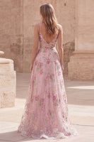 Laden Sie das Bild in den Galerie-Viewer, Glitzerndes pinkes Pailletten-Floral-A-Linie Spaghetti-Träger langes Abschlussball-Kleid