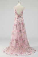 Laden Sie das Bild in den Galerie-Viewer, Glitzerndes pinkes Pailletten-Floral-A-Linie Spaghetti-Träger langes Abschlussball-Kleid