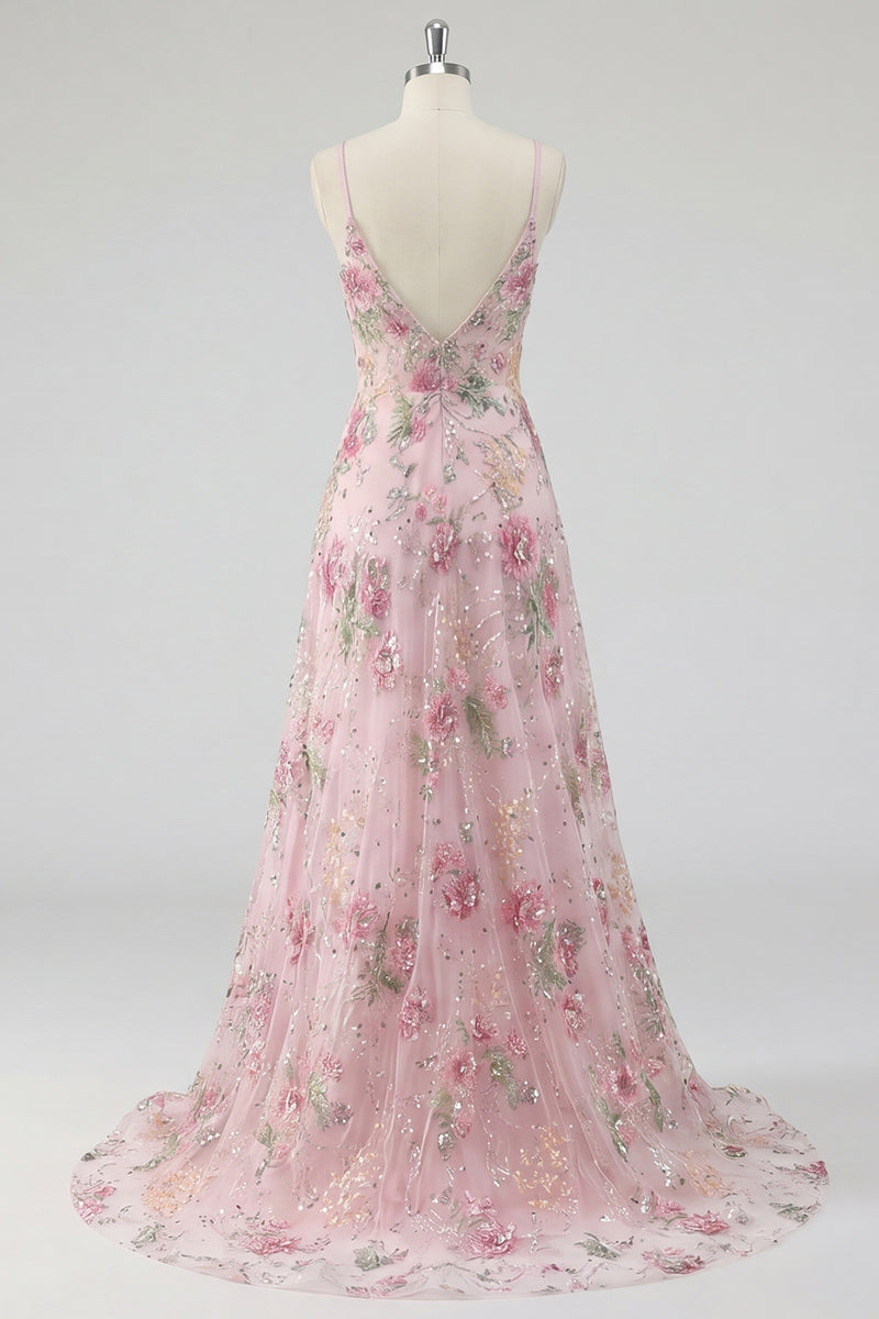 Laden Sie das Bild in den Galerie-Viewer, Glitzerndes pinkes Pailletten-Floral-A-Linie Spaghetti-Träger langes Abschlussball-Kleid