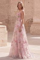 Laden Sie das Bild in den Galerie-Viewer, Glitzerndes pinkes Pailletten-Floral-A-Linie Spaghetti-Träger langes Abschlussball-Kleid