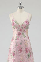Laden Sie das Bild in den Galerie-Viewer, Glitzerndes pinkes Pailletten-Floral-A-Linie Spaghetti-Träger langes Abschlussball-Kleid