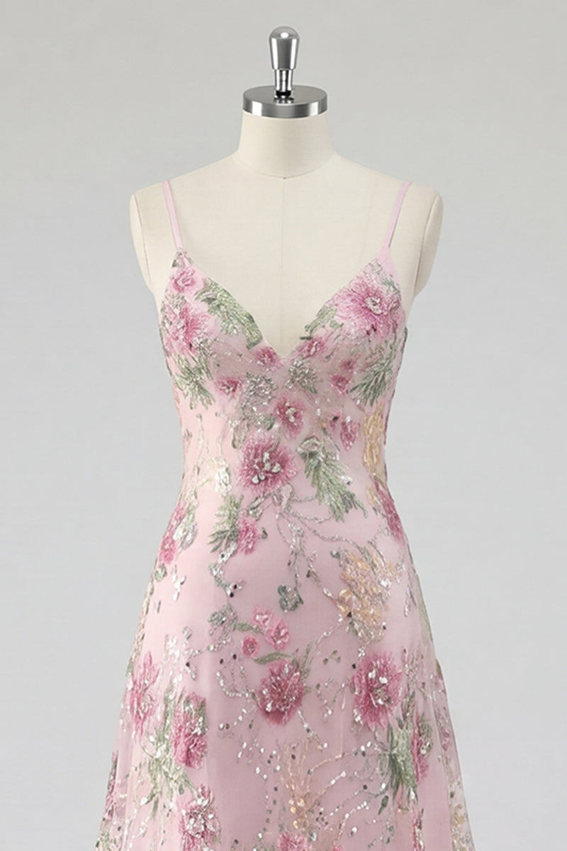Laden Sie das Bild in den Galerie-Viewer, Glitzerndes pinkes Pailletten-Floral-A-Linie Spaghetti-Träger langes Abschlussball-Kleid