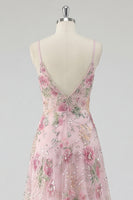 Laden Sie das Bild in den Galerie-Viewer, Glitzerndes pinkes Pailletten-Floral-A-Linie Spaghetti-Träger langes Abschlussball-Kleid