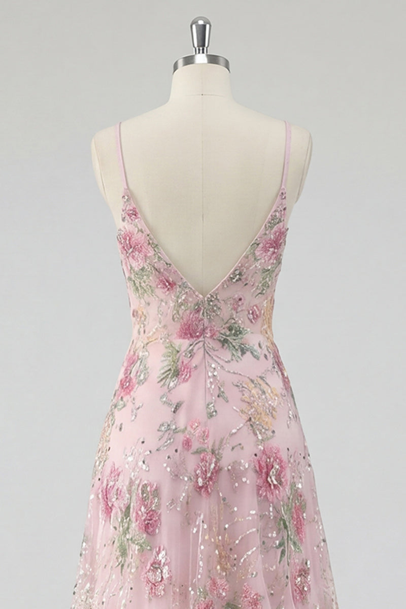 Laden Sie das Bild in den Galerie-Viewer, Glitzerndes pinkes Pailletten-Floral-A-Linie Spaghetti-Träger langes Abschlussball-Kleid