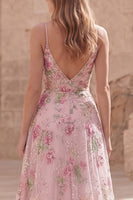 Laden Sie das Bild in den Galerie-Viewer, Glitzerndes pinkes Pailletten-Floral-A-Linie Spaghetti-Träger langes Abschlussball-Kleid
