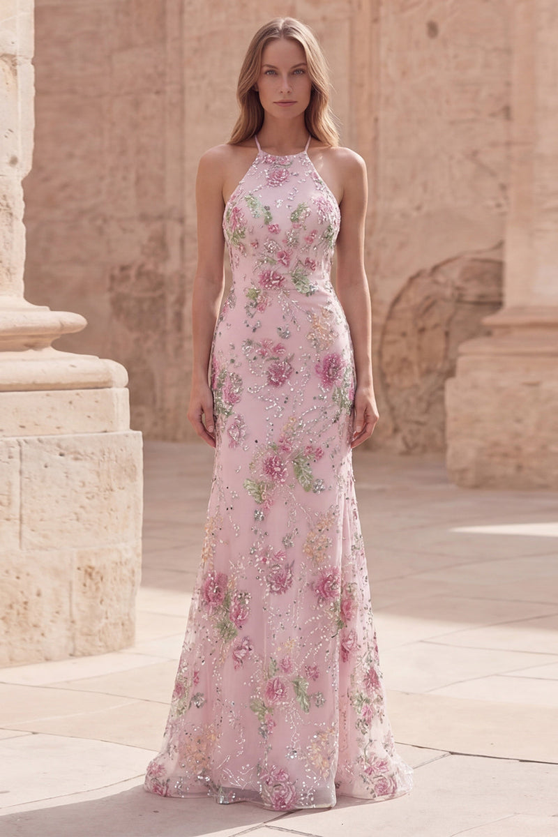 Laden Sie das Bild in den Galerie-Viewer, Glitzerndes pinkes Pailletten-Blumen-Meerjungfrauen-Langball-Kleid