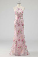 Laden Sie das Bild in den Galerie-Viewer, Glitzerndes pinkes Pailletten-Blumen-Meerjungfrauen-Langball-Kleid