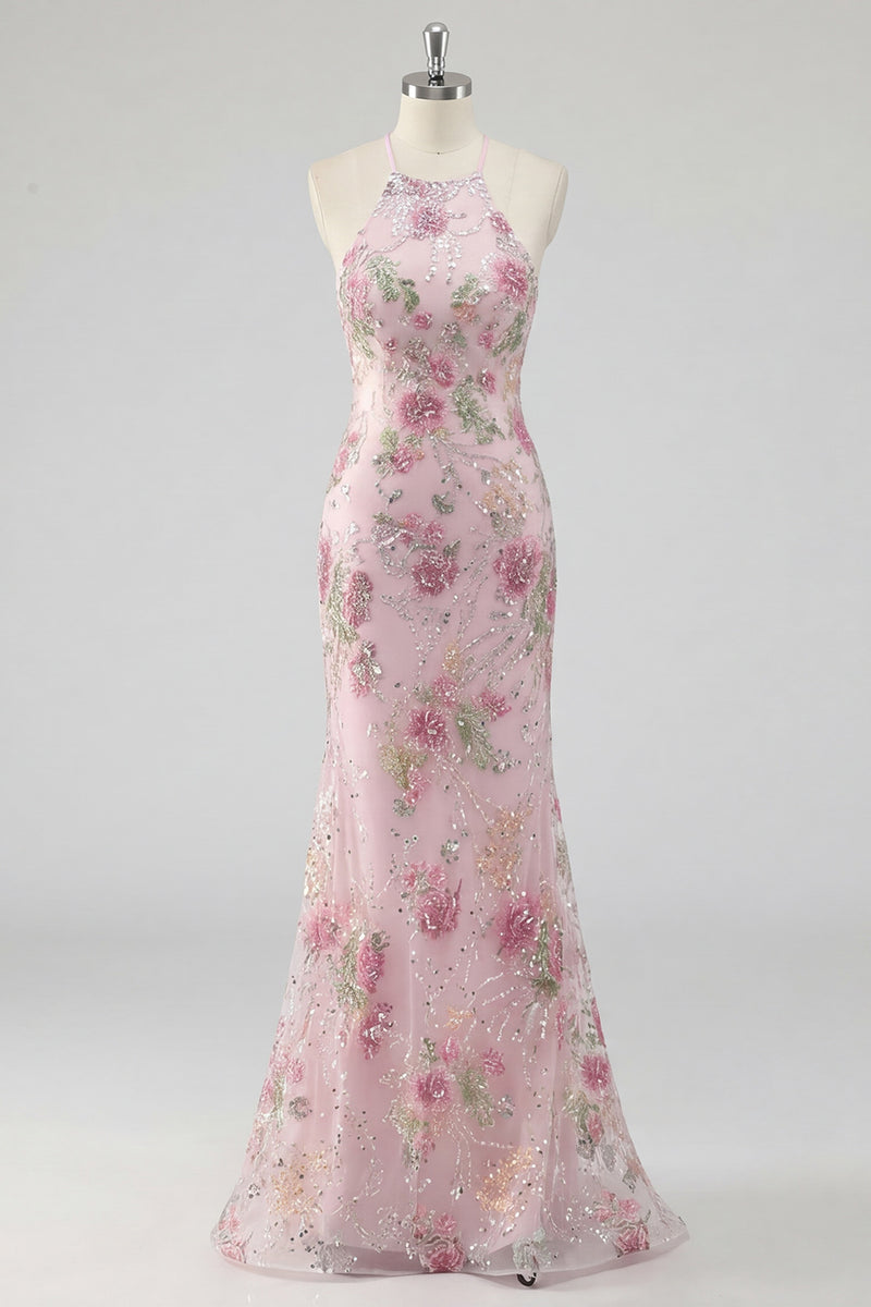 Laden Sie das Bild in den Galerie-Viewer, Glitzerndes pinkes Pailletten-Blumen-Meerjungfrauen-Langball-Kleid
