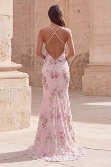 Glitzerndes pinkes Pailletten-Blumen-Meerjungfrauen-Langball-Kleid