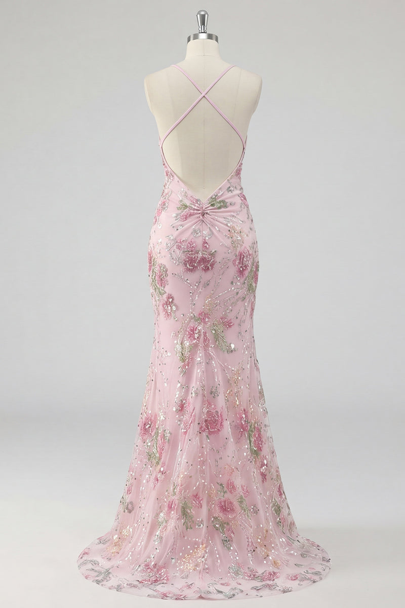 Laden Sie das Bild in den Galerie-Viewer, Glitzerndes pinkes Pailletten-Blumen-Meerjungfrauen-Langball-Kleid