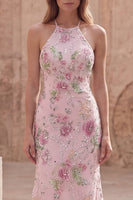Laden Sie das Bild in den Galerie-Viewer, Glitzerndes pinkes Pailletten-Blumen-Meerjungfrauen-Langball-Kleid