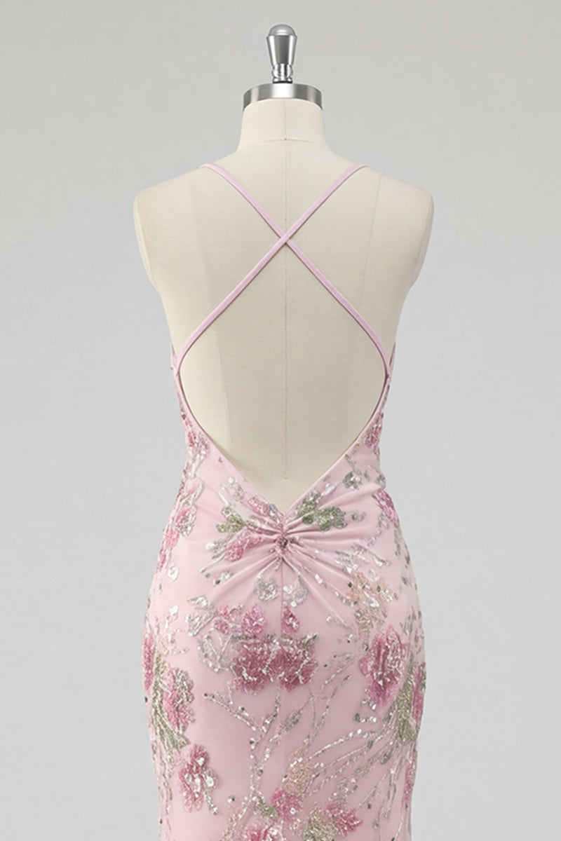 Laden Sie das Bild in den Galerie-Viewer, Glitzerndes pinkes Pailletten-Blumen-Meerjungfrauen-Langball-Kleid