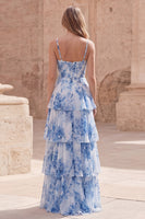 Laden Sie das Bild in den Galerie-Viewer, Weiße Blaue Blume Ein langes Korsett, gestuftes langes Abschlussballkleid mit Rüschen