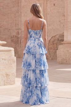 Weiße Blaue Blume Ein langes Korsett, gestuftes langes Abschlussballkleid mit Rüschen