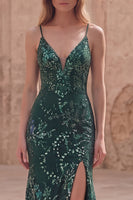 Laden Sie das Bild in den Galerie-Viewer, Dunkelgrünes Pailletten Besetztes Meerjungfrauen Langes Ballkleid mit Schlitz