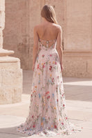 Laden Sie das Bild in den Galerie-Viewer, Trägerloses Elfenbein Blumenmuster Langes Abschlussballkleid mit Schlitz