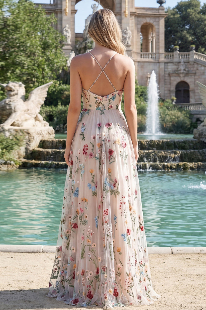 Laden Sie das Bild in den Galerie-Viewer, Elfenbeinblume A-Linie Spaghettiträger langes Abschlussballkleid mit Schlitz