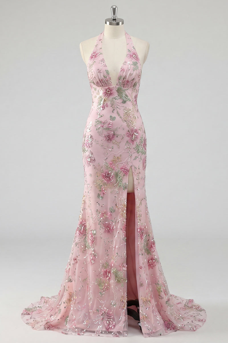 Laden Sie das Bild in den Galerie-Viewer, Glitzerndes Meerjungfrauen Rosa Geblümter Neckholder Rückenloses Langes Ballkleid mit Schlitz