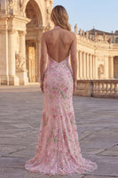 Laden Sie das Bild in den Galerie-Viewer, Glitzerndes Meerjungfrauen Rosa Geblümter Neckholder Rückenloses Langes Ballkleid mit Schlitz