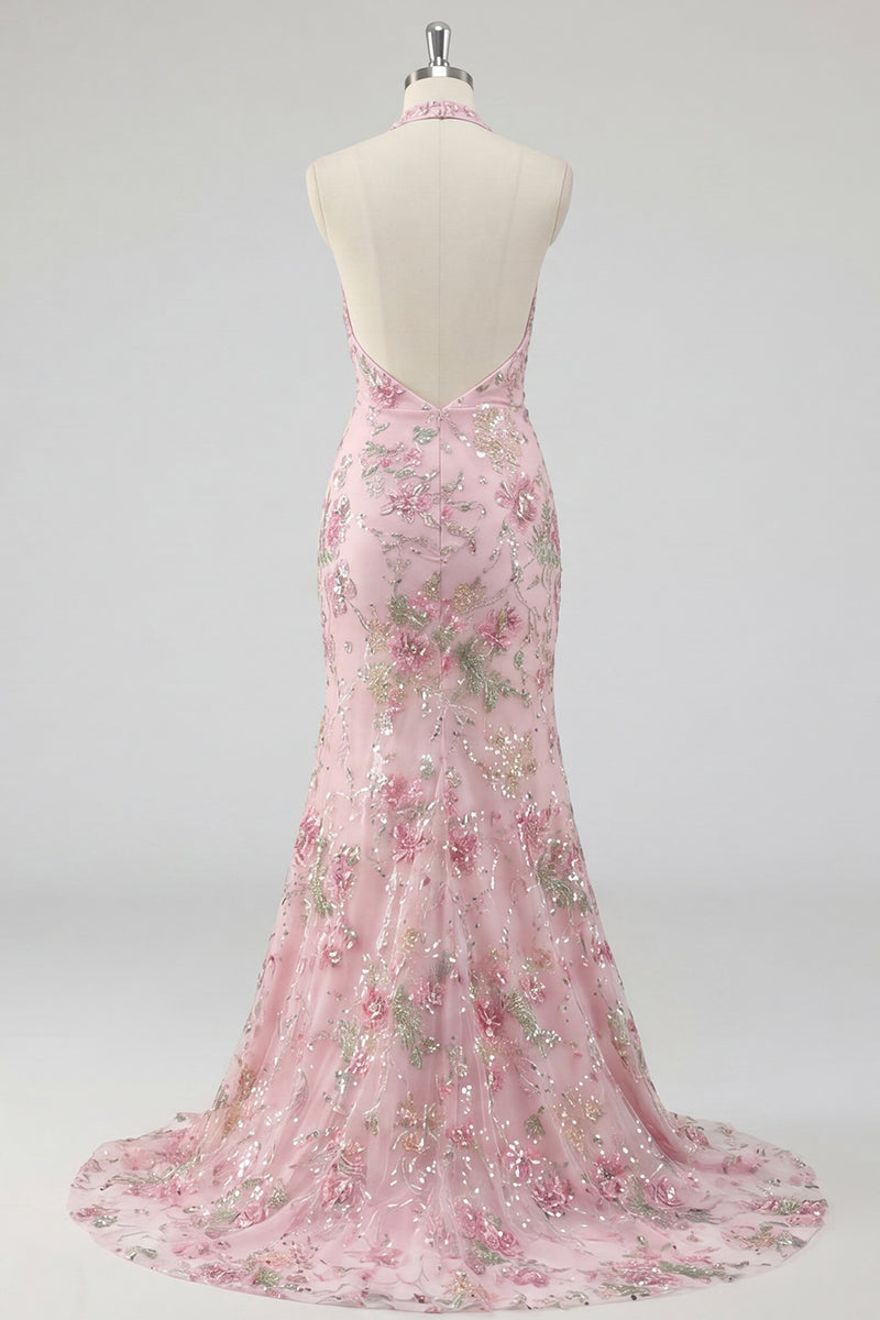 Laden Sie das Bild in den Galerie-Viewer, Glitzerndes Meerjungfrauen Rosa Geblümter Neckholder Rückenloses Langes Ballkleid mit Schlitz