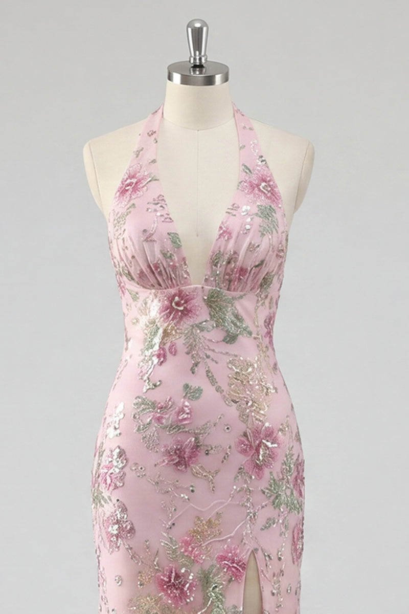 Laden Sie das Bild in den Galerie-Viewer, Glitzerndes Meerjungfrauen Rosa Geblümter Neckholder Rückenloses Langes Ballkleid mit Schlitz