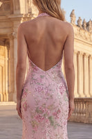 Laden Sie das Bild in den Galerie-Viewer, Glitzerndes Meerjungfrauen Rosa Geblümter Neckholder Rückenloses Langes Ballkleid mit Schlitz