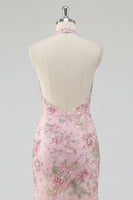 Laden Sie das Bild in den Galerie-Viewer, Glitzerndes Meerjungfrauen Rosa Geblümter Neckholder Rückenloses Langes Ballkleid mit Schlitz