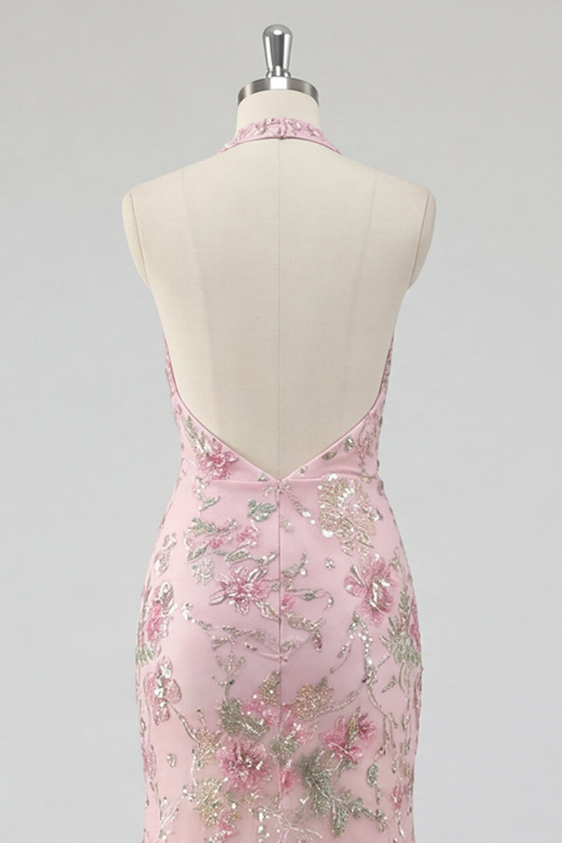 Laden Sie das Bild in den Galerie-Viewer, Glitzerndes Meerjungfrauen Rosa Geblümter Neckholder Rückenloses Langes Ballkleid mit Schlitz