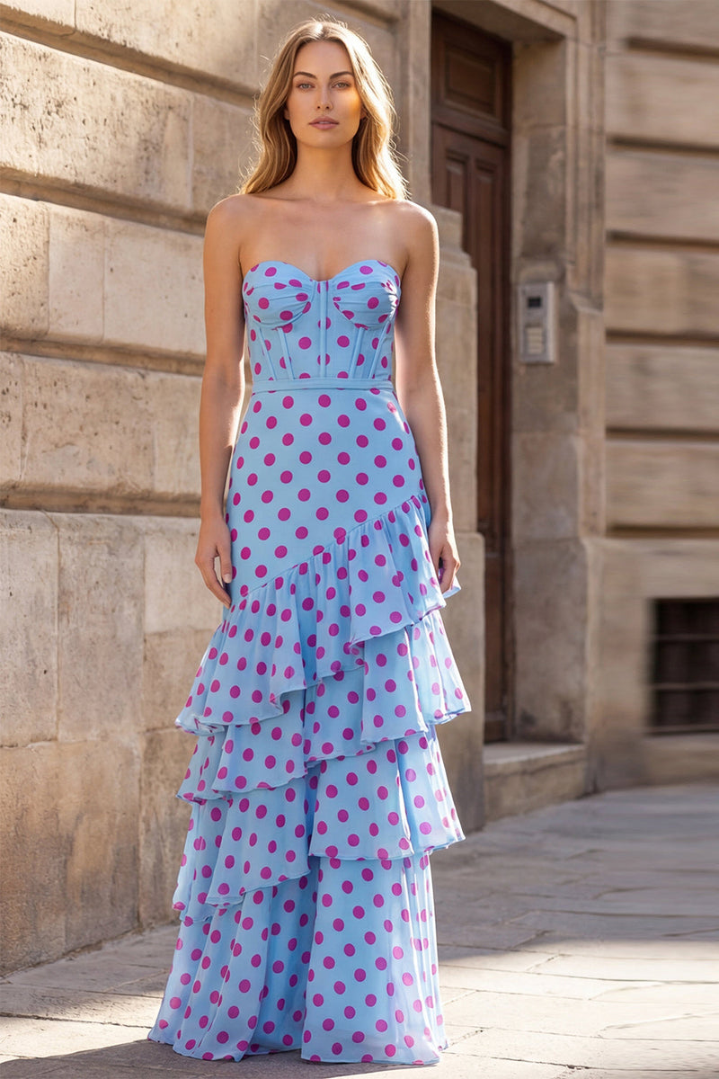 Laden Sie das Bild in den Galerie-Viewer, Schwarze Punkte Scheide Herzausschnitt Korsett Rüschendes Langes Abschlussballkleid mit Rüschen