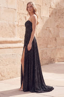 Laden Sie das Bild in den Galerie-Viewer, Glitzerndes schwarzes Sweetheart A-Linie, gerafftes langes Abschlussballkleid mit Perlen und Schlitz