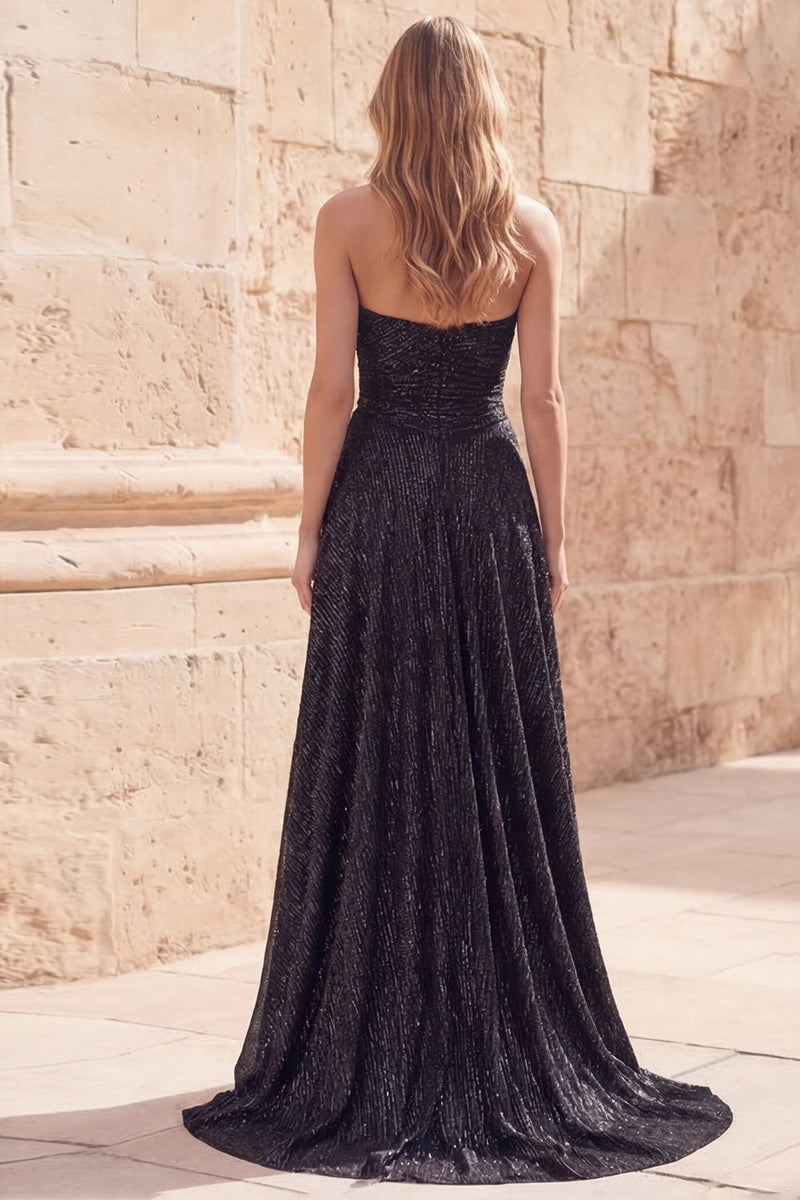 Laden Sie das Bild in den Galerie-Viewer, Glitzerndes schwarzes Sweetheart A-Linie, gerafftes langes Abschlussballkleid mit Perlen und Schlitz