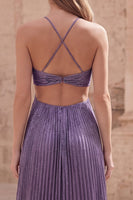 Laden Sie das Bild in den Galerie-Viewer, Lila A-Linie Halter Gerafftes Hohles Langes Ballkleid