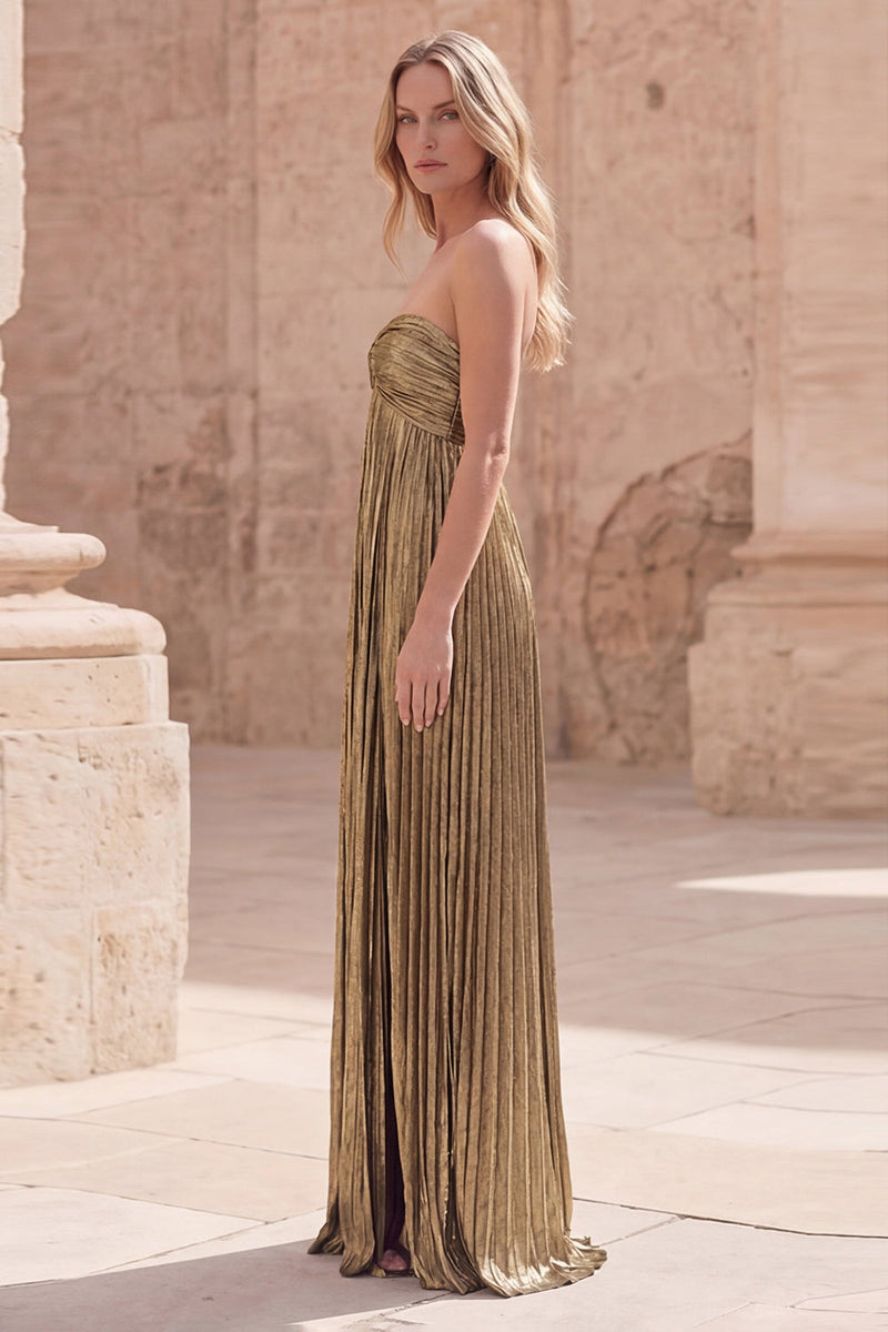 Laden Sie das Bild in den Galerie-Viewer, Dunkelgold A-Linie Herzausschnitt Ärmelloses Langes Ballkleid mit Schlitz
