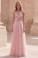 Laden Sie das Bild in den Galerie-Viewer, Glitzerndes pinkes A-Line-Sweetheart Applikiertes Tüll-Abschlussballkleid mit Perlen