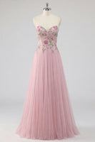 Laden Sie das Bild in den Galerie-Viewer, Glitzerndes pinkes A-Line-Sweetheart Applikiertes Tüll-Abschlussballkleid mit Perlen