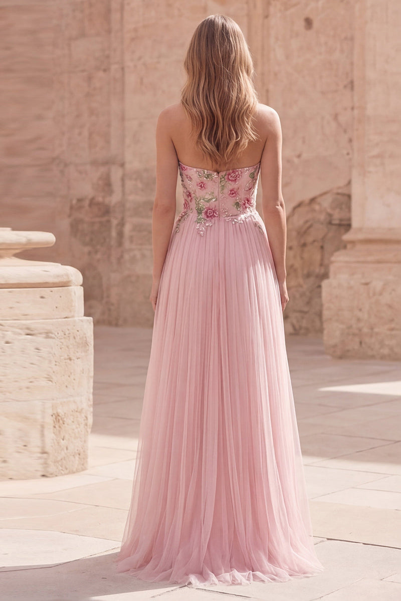Laden Sie das Bild in den Galerie-Viewer, Glitzerndes pinkes A-Line-Sweetheart Applikiertes Tüll-Abschlussballkleid mit Perlen