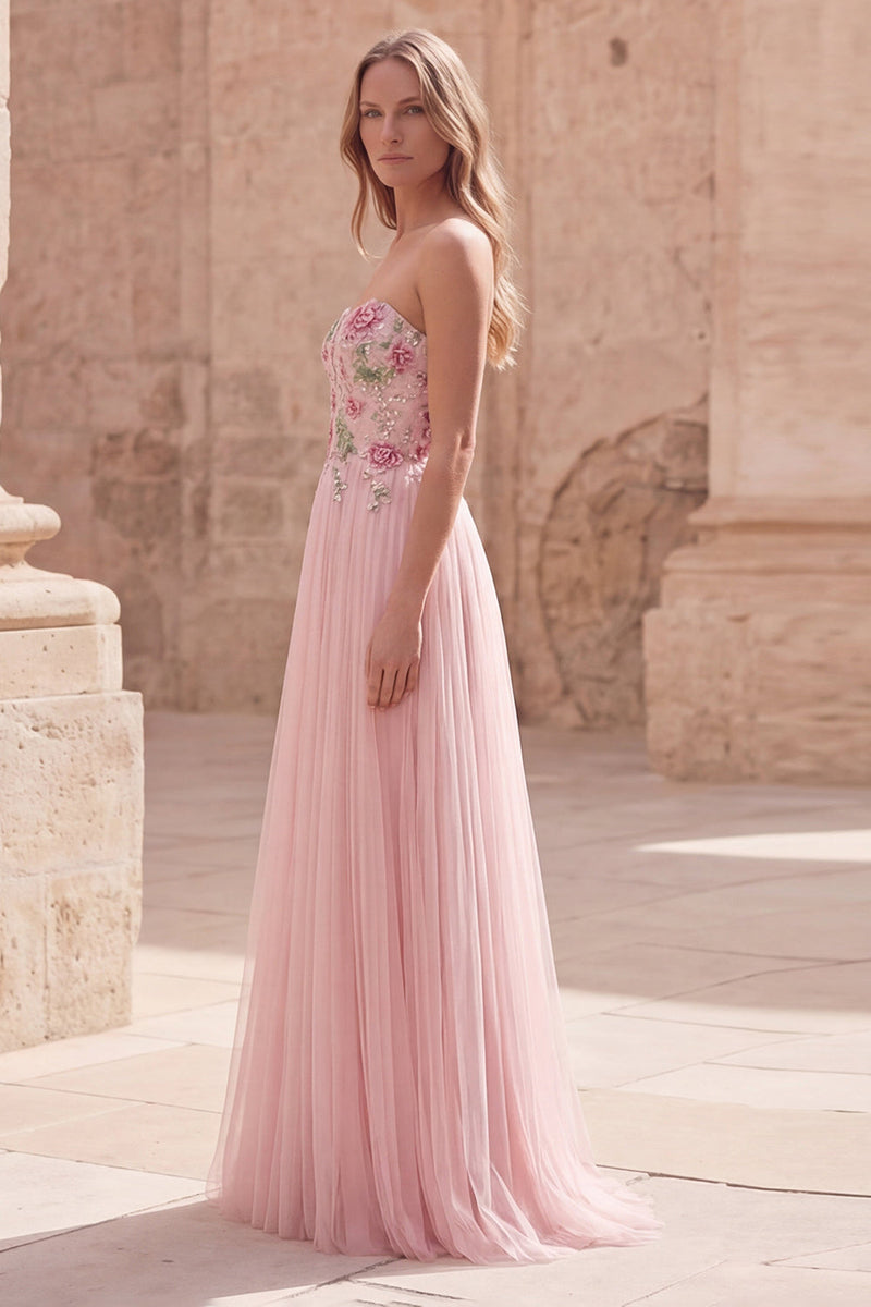 Laden Sie das Bild in den Galerie-Viewer, Glitzerndes pinkes A-Line-Sweetheart Applikiertes Tüll-Abschlussballkleid mit Perlen