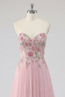 Laden Sie das Bild in den Galerie-Viewer, Glitzerndes pinkes A-Line-Sweetheart Applikiertes Tüll-Abschlussballkleid mit Perlen