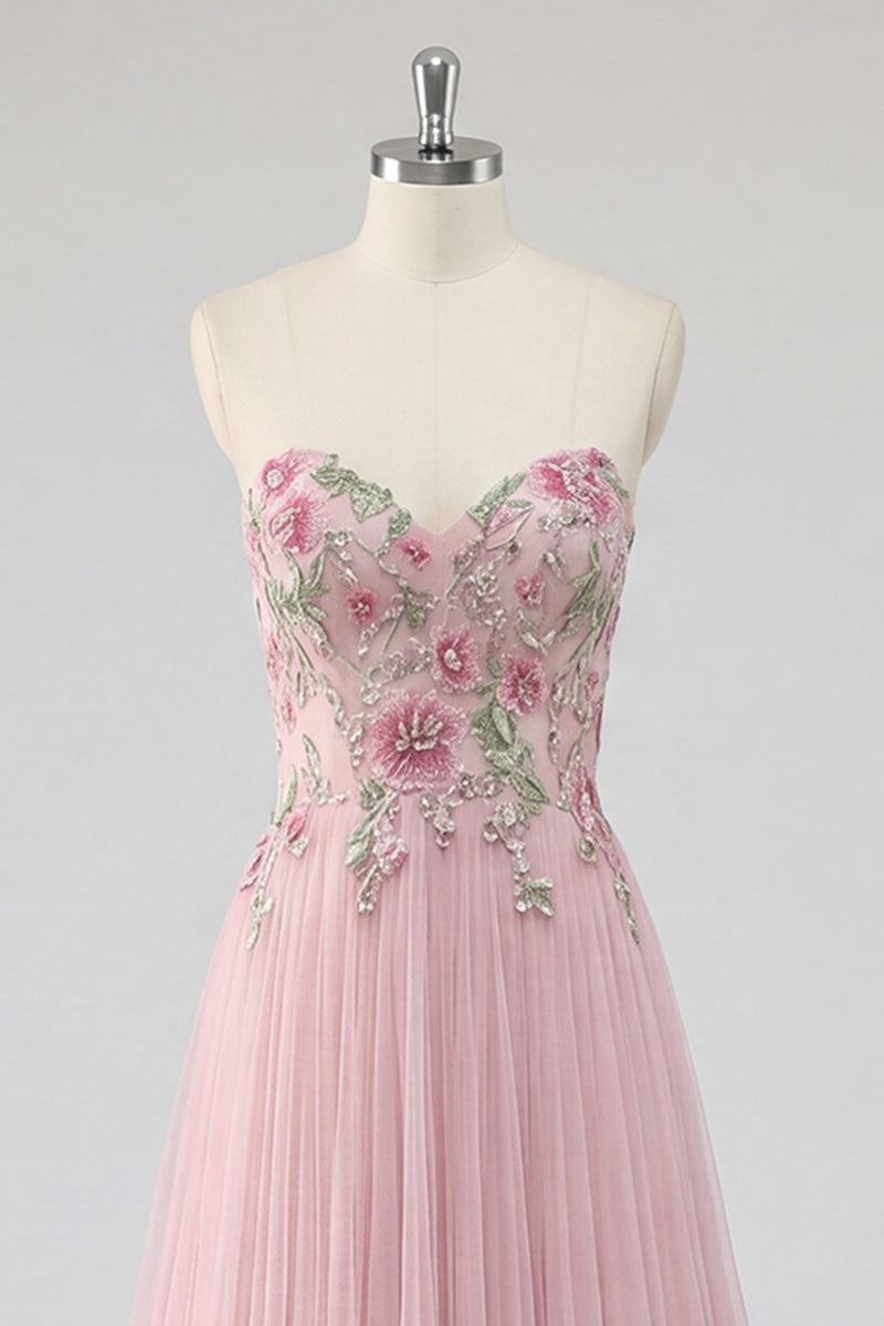 Laden Sie das Bild in den Galerie-Viewer, Glitzerndes pinkes A-Line-Sweetheart Applikiertes Tüll-Abschlussballkleid mit Perlen