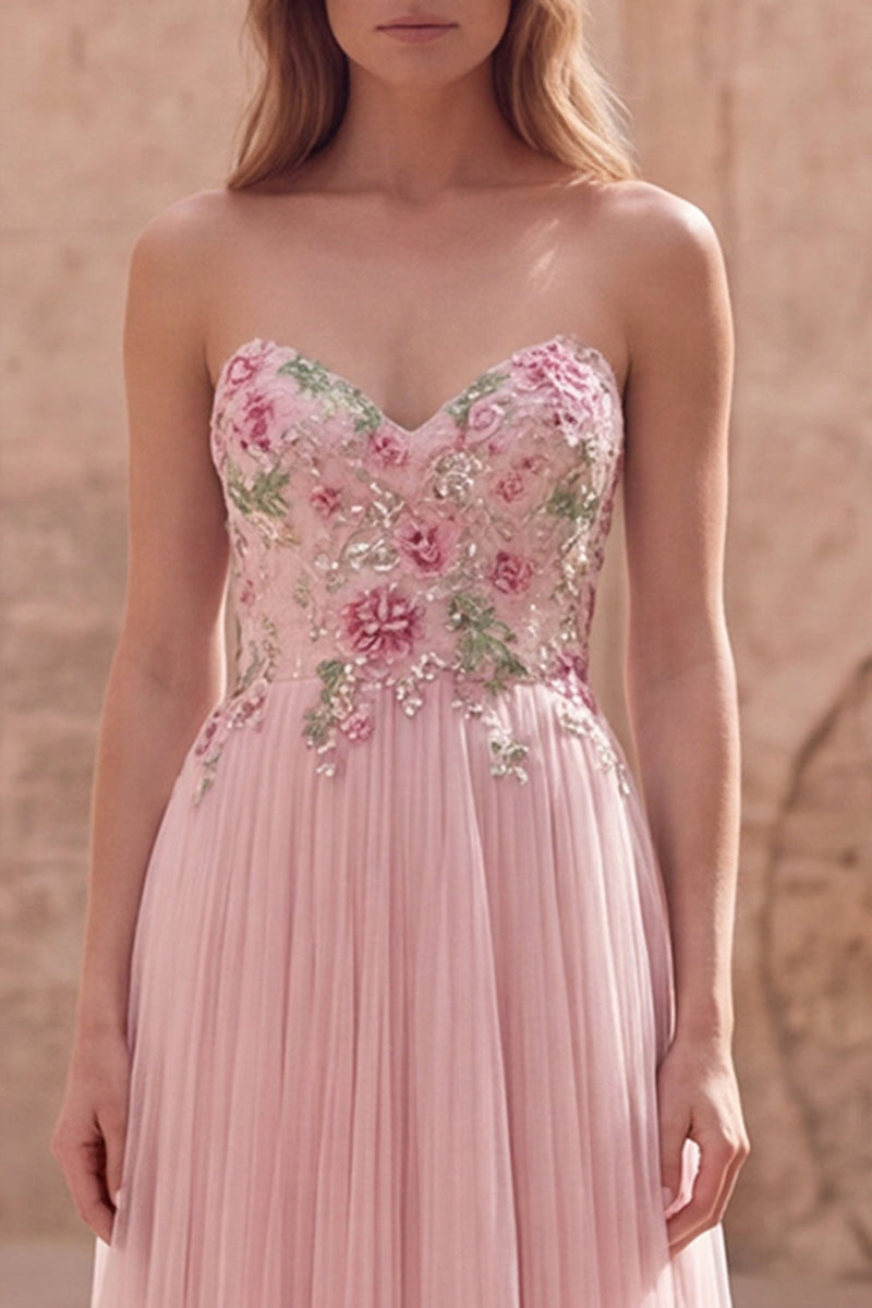 Laden Sie das Bild in den Galerie-Viewer, Glitzerndes pinkes A-Line-Sweetheart Applikiertes Tüll-Abschlussballkleid mit Perlen