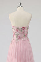 Laden Sie das Bild in den Galerie-Viewer, Glitzerndes pinkes A-Line-Sweetheart Applikiertes Tüll-Abschlussballkleid mit Perlen