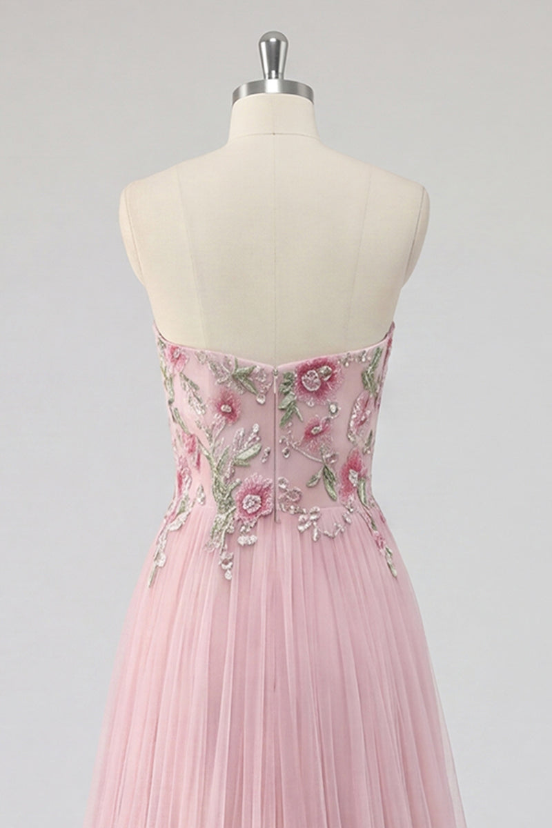 Laden Sie das Bild in den Galerie-Viewer, Glitzerndes pinkes A-Line-Sweetheart Applikiertes Tüll-Abschlussballkleid mit Perlen
