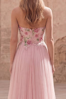 Laden Sie das Bild in den Galerie-Viewer, Glitzerndes pinkes A-Line-Sweetheart Applikiertes Tüll-Abschlussballkleid mit Perlen