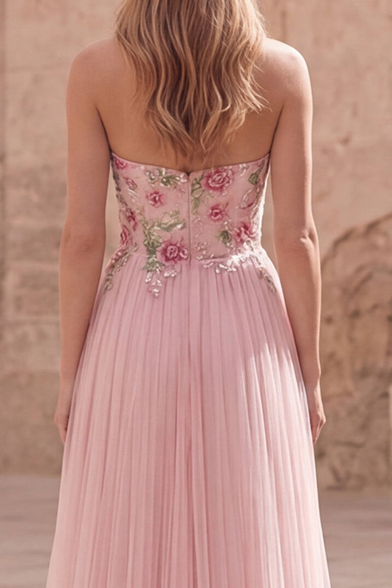 Laden Sie das Bild in den Galerie-Viewer, Glitzerndes pinkes A-Line-Sweetheart Applikiertes Tüll-Abschlussballkleid mit Perlen